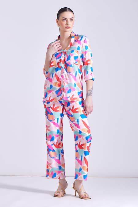 Shop Zosia Multi Color Linen, Satin Collared Arina Floral Print Top And Pant Set at Aza Fashions Shop_Zosia_Multi Color Linen, Satin Collared Arina Floral Print Top And Pant Set _at_Aza_Fashions