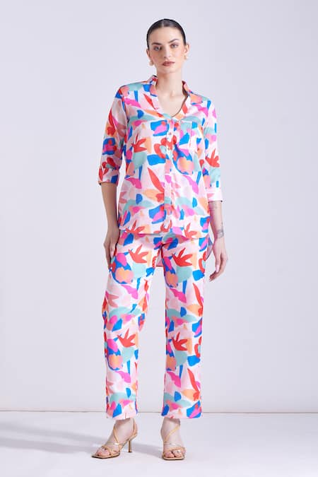 Buy Zosia Multi Color Linen, Satin Collared Arina Floral Print Top And Pant Set Buy_Zosia_Multi Color Linen, Satin Collared Arina Floral Print Top And Pant Set