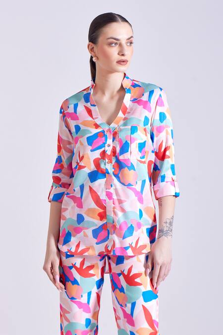 Shop Zosia Multi Color Linen, Satin Collared Arina Floral Print Top And Pant Set Shop_Zosia_Multi Color Linen, Satin Collared Arina Floral Print Top And Pant Set