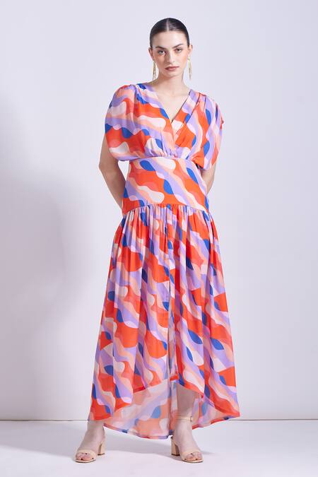 Buy Zosia Orange Georgette, Satin V-neck Carmen Abstract Print Maxi Dress Online at Aza Fashions Buy_Zosia_Orange Georgette, Satin V-neck Carmen Abstract Print Maxi Dress _Online_at_Aza_Fashions