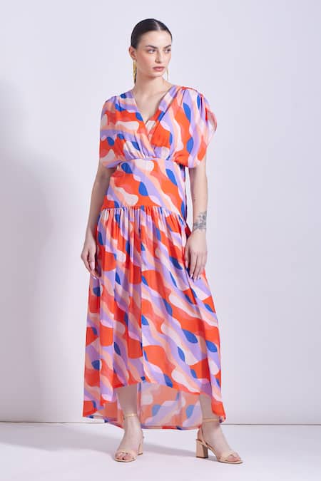 Shop Zosia Orange Georgette, Satin V-neck Carmen Abstract Print Maxi Dress Online at Aza Fashions Shop_Zosia_Orange Georgette, Satin V-neck Carmen Abstract Print Maxi Dress _Online_at_Aza_Fashions