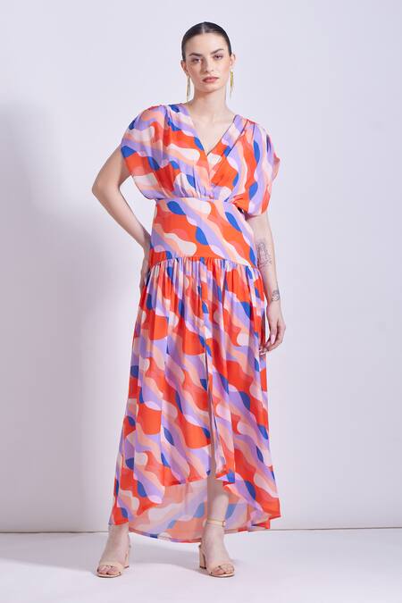 Zosia Orange Georgette, Satin V-neck Carmen Abstract Print Maxi Dress at Aza Fashions Zosia_Orange Georgette, Satin V-neck Carmen Abstract Print Maxi Dress _at_Aza_Fashions