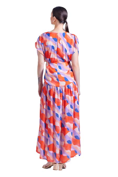 Buy Zosia Orange Georgette, Satin V-neck Carmen Abstract Print Maxi Dress Buy_Zosia_Orange Georgette, Satin V-neck Carmen Abstract Print Maxi Dress