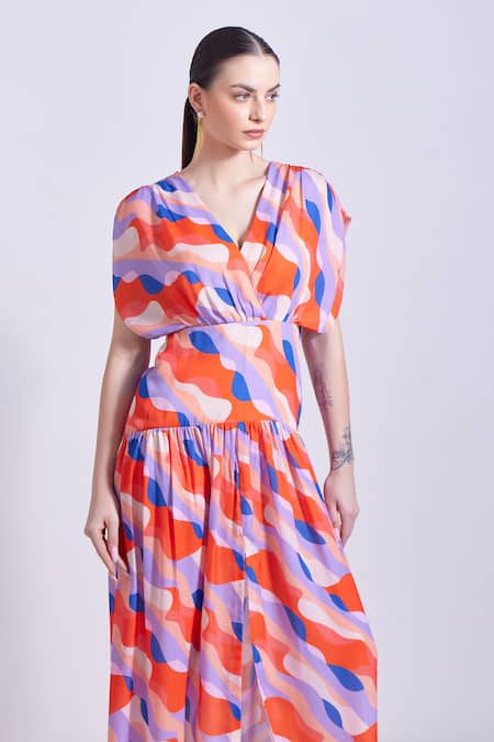 Shop Zosia Orange Georgette, Satin V-neck Carmen Abstract Print Maxi Dress Shop_Zosia_Orange Georgette, Satin V-neck Carmen Abstract Print Maxi Dress