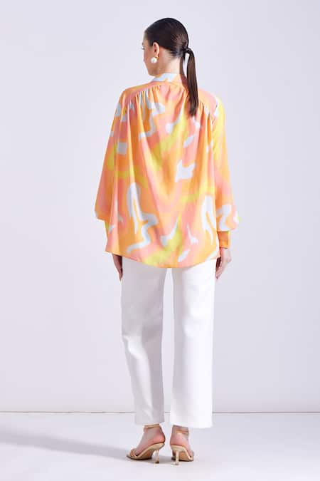 Shop Zosia Blue Satin, Georgette Bandeau Neck Colada Abstract Print Shirt at Aza Fashions Shop_Zosia_Blue Satin, Georgette Bandeau Neck Colada Abstract Print Shirt _at_Aza_Fashions