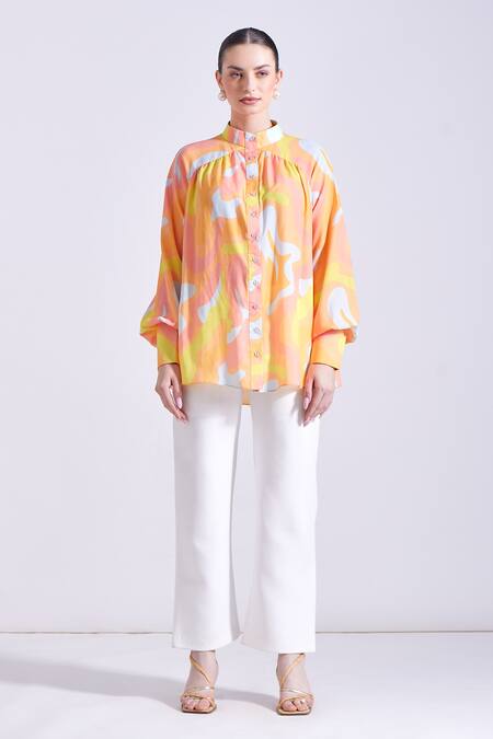 Zosia Blue Satin, Georgette Bandeau Neck Colada Abstract Print Shirt Online at Aza Fashions Zosia_Blue Satin, Georgette Bandeau Neck Colada Abstract Print Shirt _Online_at_Aza_Fashions