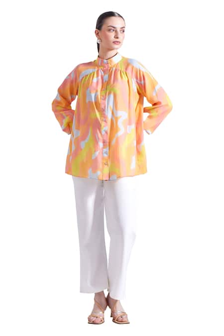 Buy Zosia Blue Satin, Georgette Bandeau Neck Colada Abstract Print Shirt Online at Aza Fashions Buy_Zosia_Blue Satin, Georgette Bandeau Neck Colada Abstract Print Shirt _Online_at_Aza_Fashions