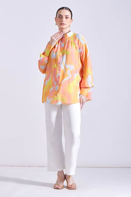 Shop Zosia Blue Satin, Georgette Bandeau Neck Colada Abstract Print Shirt Online at Aza Fashions Shop_Zosia_Blue Satin, Georgette Bandeau Neck Colada Abstract Print Shirt _Online_at_Aza_Fashions