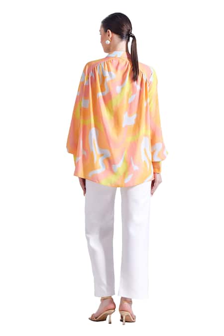 Zosia Blue Satin, Georgette Bandeau Neck Colada Abstract Print Shirt at Aza Fashions Zosia_Blue Satin, Georgette Bandeau Neck Colada Abstract Print Shirt _at_Aza_Fashions