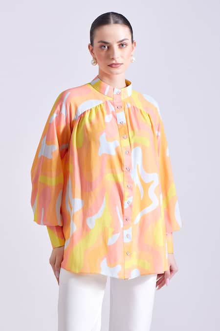 Buy Zosia Blue Satin, Georgette Bandeau Neck Colada Abstract Print Shirt Buy_Zosia_Blue Satin, Georgette Bandeau Neck Colada Abstract Print Shirt