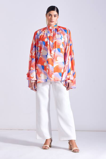 Zosia Pink Georgette, Satin Bandeau Neck Jasper Abstract Print Shirt Online at Aza Fashions Zosia_Pink Georgette, Satin Bandeau Neck Jasper Abstract Print Shirt _Online_at_Aza_Fashions