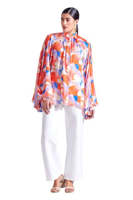 Buy Zosia Pink Georgette, Satin Bandeau Neck Jasper Abstract Print Shirt Online at Aza Fashions Buy_Zosia_Pink Georgette, Satin Bandeau Neck Jasper Abstract Print Shirt _Online_at_Aza_Fashions