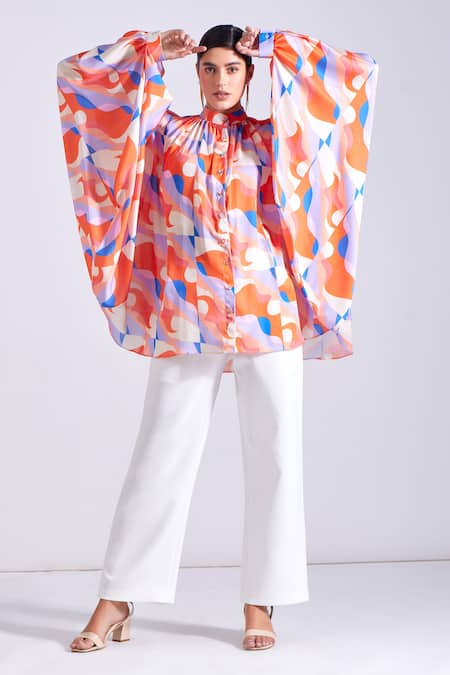 Shop Zosia Pink Georgette, Satin Bandeau Neck Jasper Abstract Print Shirt Online at Aza Fashions Shop_Zosia_Pink Georgette, Satin Bandeau Neck Jasper Abstract Print Shirt _Online_at_Aza_Fashions