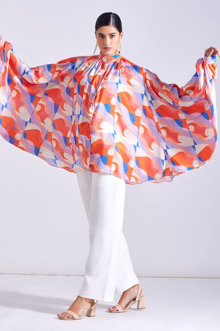 Zosia Pink Georgette, Satin Bandeau Neck Jasper Abstract Print Shirt at Aza Fashions Zosia_Pink Georgette, Satin Bandeau Neck Jasper Abstract Print Shirt _at_Aza_Fashions