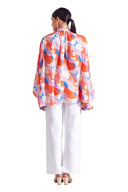 Buy Zosia Pink Georgette, Satin Bandeau Neck Jasper Abstract Print Shirt Buy_Zosia_Pink Georgette, Satin Bandeau Neck Jasper Abstract Print Shirt