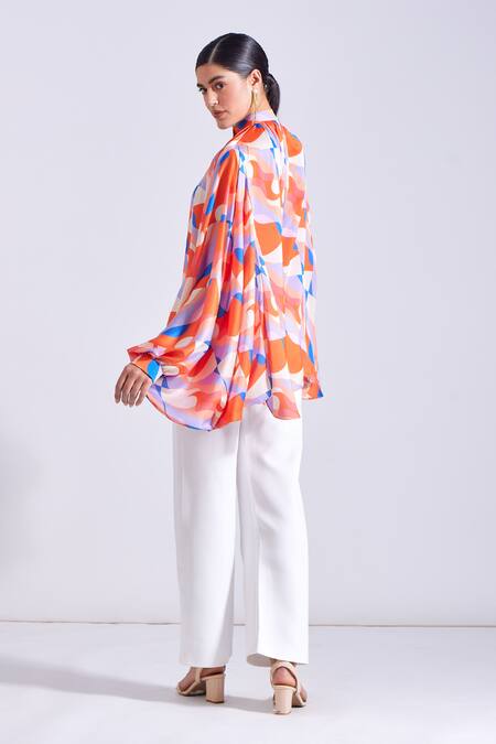 Shop Zosia Pink Georgette, Satin Bandeau Neck Jasper Abstract Print Shirt Shop_Zosia_Pink Georgette, Satin Bandeau Neck Jasper Abstract Print Shirt