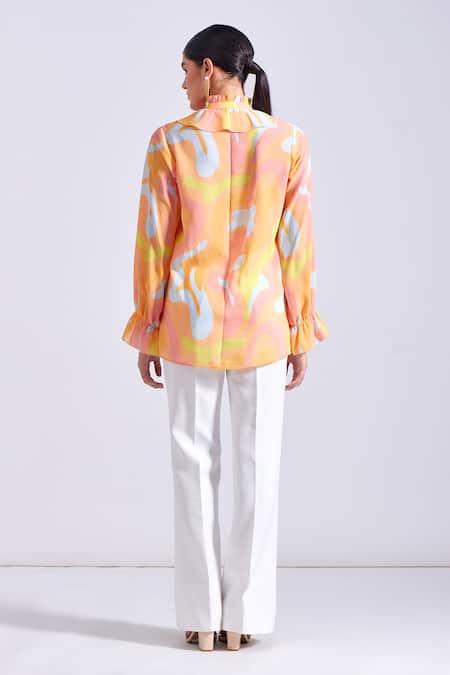 Shop Zosia Blue Satin, Georgette Round Neck, Leon Abstract Print Ruffled Shirt at Aza Fashions Shop_Zosia_Blue Satin, Georgette Round Neck, Leon Abstract Print Ruffled Shirt _at_Aza_Fashions