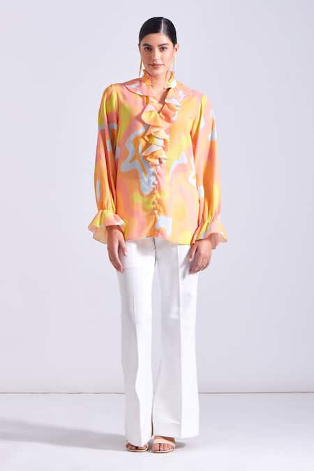 Zosia Blue Satin, Georgette Round Neck, Leon Abstract Print Ruffled Shirt Online at Aza Fashions Zosia_Blue Satin, Georgette Round Neck, Leon Abstract Print Ruffled Shirt _Online_at_Aza_Fashions