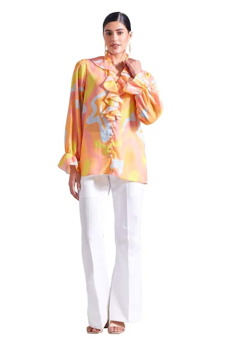 Buy Zosia Blue Satin, Georgette Round Neck, Leon Abstract Print Ruffled Shirt Online at Aza Fashions Buy_Zosia_Blue Satin, Georgette Round Neck, Leon Abstract Print Ruffled Shirt _Online_at_Aza_Fashions