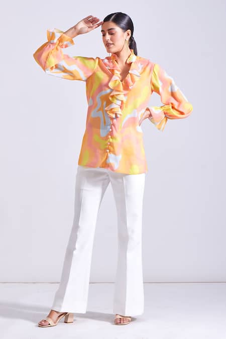 Shop Zosia Blue Satin, Georgette Round Neck, Leon Abstract Print Ruffled Shirt Online at Aza Fashions Shop_Zosia_Blue Satin, Georgette Round Neck, Leon Abstract Print Ruffled Shirt _Online_at_Aza_Fashions