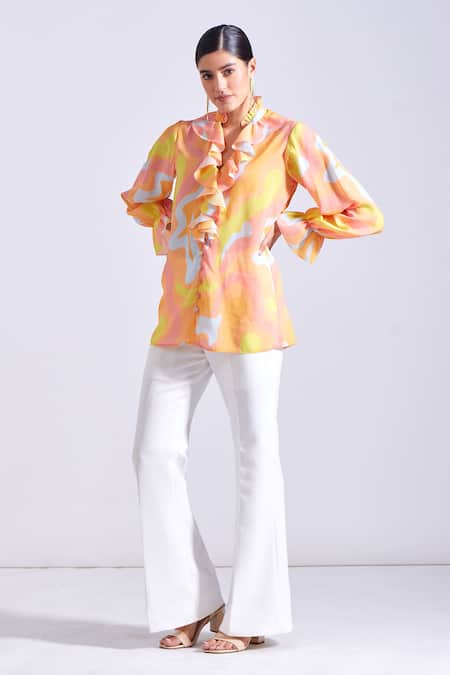 Zosia Blue Satin, Georgette Round Neck, Leon Abstract Print Ruffled Shirt at Aza Fashions Zosia_Blue Satin, Georgette Round Neck, Leon Abstract Print Ruffled Shirt _at_Aza_Fashions