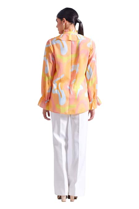 Buy Zosia Blue Satin, Georgette Round Neck, Leon Abstract Print Ruffled Shirt Buy_Zosia_Blue Satin, Georgette Round Neck, Leon Abstract Print Ruffled Shirt