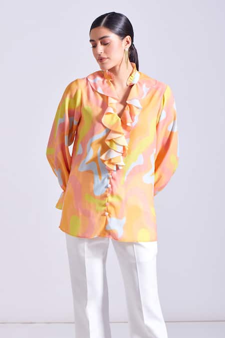 Shop Zosia Blue Satin, Georgette Round Neck, Leon Abstract Print Ruffled Shirt Shop_Zosia_Blue Satin, Georgette Round Neck, Leon Abstract Print Ruffled Shirt