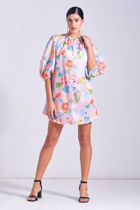 Zosia Pink Linen Satin Printed Abstract Round Maria Floral Short Dress 