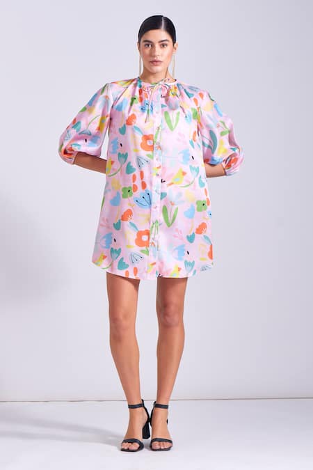 Shop Zosia Pink Linen, Satin Open Neck Maria Floral Print Short Dress at Aza Fashions Shop_Zosia_Pink Linen, Satin Open Neck Maria Floral Print Short Dress _at_Aza_Fashions