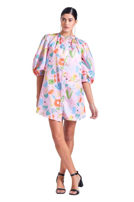 Zosia Pink Linen, Satin Open Neck Maria Floral Print Short Dress Online at Aza Fashions Zosia_Pink Linen, Satin Open Neck Maria Floral Print Short Dress _Online_at_Aza_Fashions