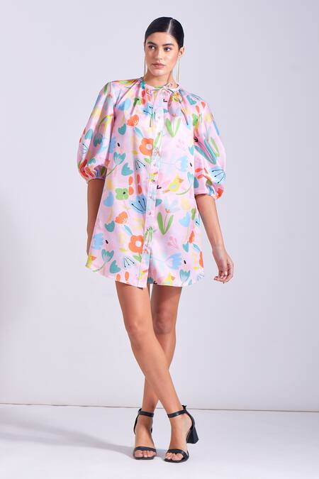 Buy Zosia Pink Linen, Satin Open Neck Maria Floral Print Short Dress Online at Aza Fashions Buy_Zosia_Pink Linen, Satin Open Neck Maria Floral Print Short Dress _Online_at_Aza_Fashions
