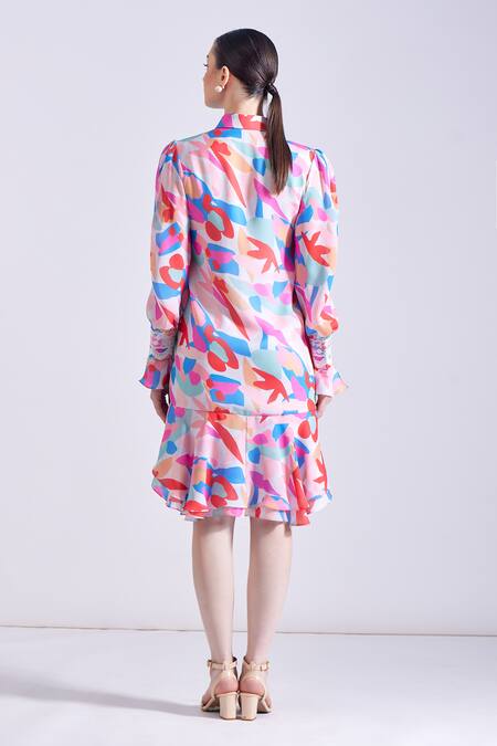 Shop Zosia Multi Color Satin, Georgette Lace Morjim Floral Abstract Print Shirt Dress at Aza Fashions Shop_Zosia_Multi Color Satin, Georgette Lace Morjim Floral Abstract Print Shirt Dress _at_Aza_Fashions