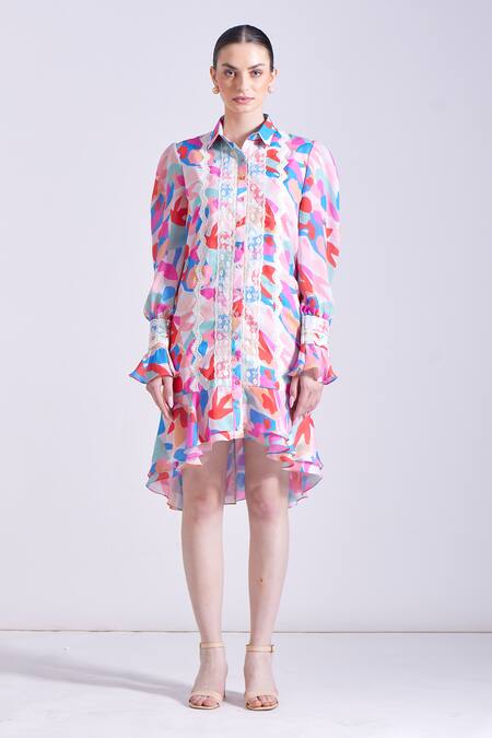 Zosia Multi Color Satin, Georgette Lace Morjim Floral Abstract Print Shirt Dress Online at Aza Fashions Zosia_Multi Color Satin, Georgette Lace Morjim Floral Abstract Print Shirt Dress _Online_at_Aza_Fashions