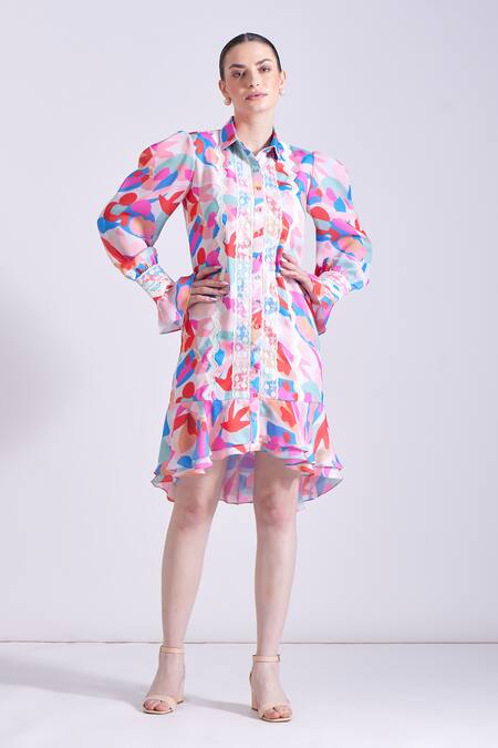 Buy Zosia Multi Color Satin, Georgette Lace Morjim Floral Abstract Print Shirt Dress Online at Aza Fashions Buy_Zosia_Multi Color Satin, Georgette Lace Morjim Floral Abstract Print Shirt Dress _Online_at_Aza_Fashions
