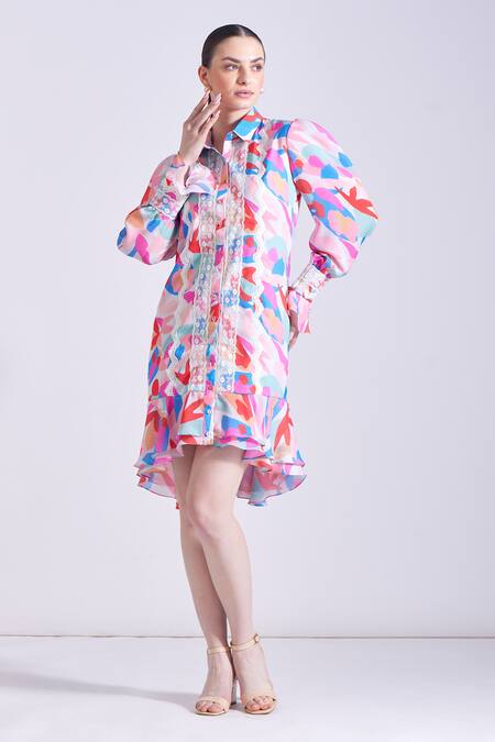 Shop Zosia Multi Color Satin, Georgette Lace Morjim Floral Abstract Print Shirt Dress Online at Aza Fashions Shop_Zosia_Multi Color Satin, Georgette Lace Morjim Floral Abstract Print Shirt Dress _Online_at_Aza_Fashions