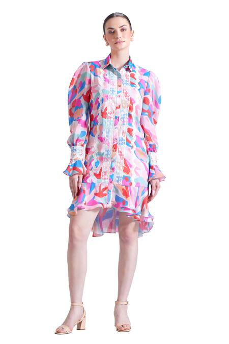 Zosia Multi Color Satin, Georgette Lace Morjim Floral Abstract Print Shirt Dress at Aza Fashions Zosia_Multi Color Satin, Georgette Lace Morjim Floral Abstract Print Shirt Dress _at_Aza_Fashions