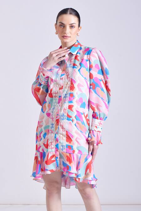 Shop Zosia Multi Color Satin, Georgette Lace Morjim Floral Abstract Print Shirt Dress Shop_Zosia_Multi Color Satin, Georgette Lace Morjim Floral Abstract Print Shirt Dress