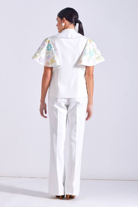 Shop Zosia Ivory Linen, Satin Embroidery V-neck Antonio Sleeves Top And Pant Set at Aza Fashions Shop_Zosia_Ivory Linen, Satin Embroidery V-neck Antonio Sleeves Top And Pant Set _at_Aza_Fashions