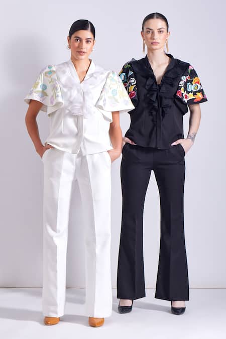 Zosia Ivory Linen, Satin Embroidery V-neck Antonio Sleeves Top And Pant Set Online at Aza Fashions Zosia_Ivory Linen, Satin Embroidery V-neck Antonio Sleeves Top And Pant Set _Online_at_Aza_Fashions