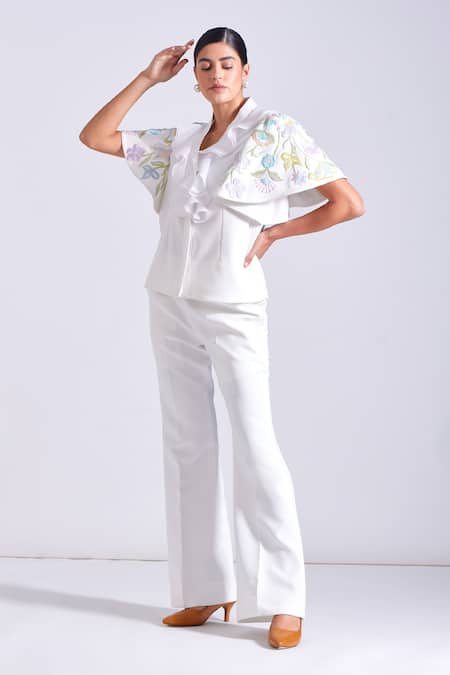 Shop Zosia Ivory Linen, Satin Embroidery V-neck Antonio Sleeves Top And Pant Set Online at Aza Fashions Shop_Zosia_Ivory Linen, Satin Embroidery V-neck Antonio Sleeves Top And Pant Set _Online_at_Aza_Fashions