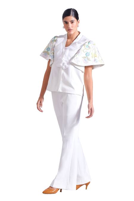 Zosia Ivory Linen, Satin Embroidery V-neck Antonio Sleeves Top And Pant Set at Aza Fashions Zosia_Ivory Linen, Satin Embroidery V-neck Antonio Sleeves Top And Pant Set _at_Aza_Fashions