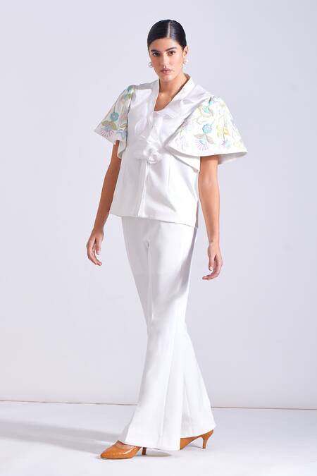 Buy Zosia Ivory Linen, Satin Embroidery V-neck Antonio Sleeves Top And Pant Set Buy_Zosia_Ivory Linen, Satin Embroidery V-neck Antonio Sleeves Top And Pant Set