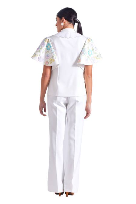 Shop Zosia Ivory Linen, Satin Embroidery V-neck Antonio Sleeves Top And Pant Set Shop_Zosia_Ivory Linen, Satin Embroidery V-neck Antonio Sleeves Top And Pant Set