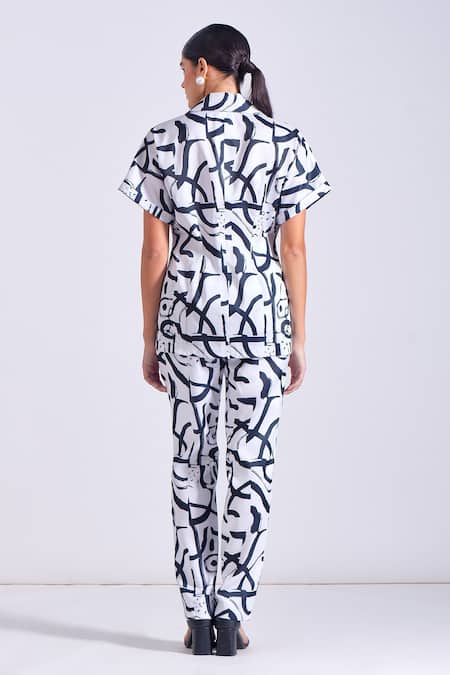 Shop Zosia Black Linen, Satin Collared Byron Abstract Pattern Shirt And Pant Set at Aza Fashions Shop_Zosia_Black Linen, Satin Collared Byron Abstract Pattern Shirt And Pant Set _at_Aza_Fashions