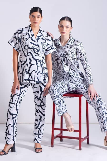 Zosia Black Linen, Satin Collared Byron Abstract Pattern Shirt And Pant Set Online at Aza Fashions Zosia_Black Linen, Satin Collared Byron Abstract Pattern Shirt And Pant Set _Online_at_Aza_Fashions