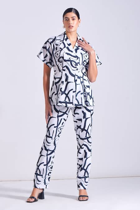 Shop Zosia Black Linen, Satin Collared Byron Abstract Pattern Shirt And Pant Set Online at Aza Fashions Shop_Zosia_Black Linen, Satin Collared Byron Abstract Pattern Shirt And Pant Set _Online_at_Aza_Fashions