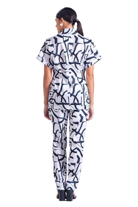 Shop Zosia Black Linen, Satin Collared Byron Abstract Pattern Shirt And Pant Set Shop_Zosia_Black Linen, Satin Collared Byron Abstract Pattern Shirt And Pant Set