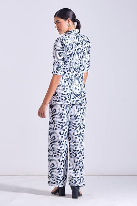Shop Zosia Black Linen, Satin Collared Braga Abstract Leaf Print Shirt And Pant Set at Aza Fashions Shop_Zosia_Black Linen, Satin Collared Braga Abstract Leaf Print Shirt And Pant Set _at_Aza_Fashions