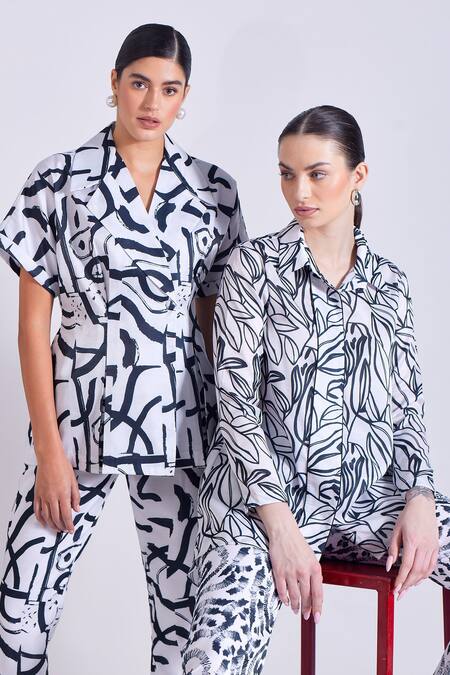 Zosia Black Linen, Satin Collared Braga Abstract Leaf Print Shirt And Pant Set Online at Aza Fashions Zosia_Black Linen, Satin Collared Braga Abstract Leaf Print Shirt And Pant Set _Online_at_Aza_Fashions
