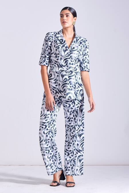 Zosia Black Linen, Satin Collared Braga Abstract Leaf Print Shirt And Pant Set at Aza Fashions Zosia_Black Linen, Satin Collared Braga Abstract Leaf Print Shirt And Pant Set _at_Aza_Fashions